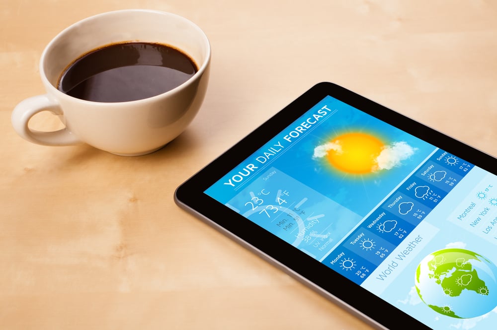 Workplace with tablet pc showing weather forecast and a cup of coffee on a wooden work table close-up